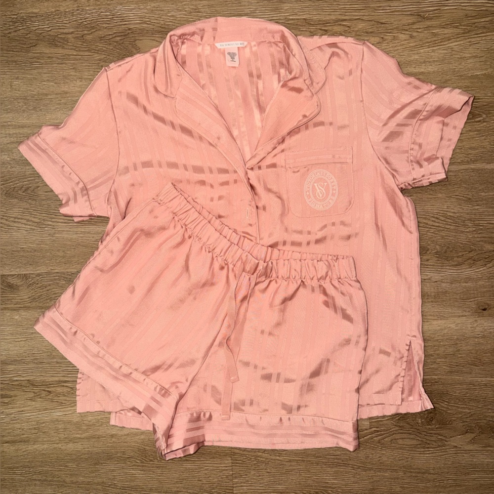 Victoria’s Secret Signature Satin Jacquard Pajama Set, Monogrammed Logo
